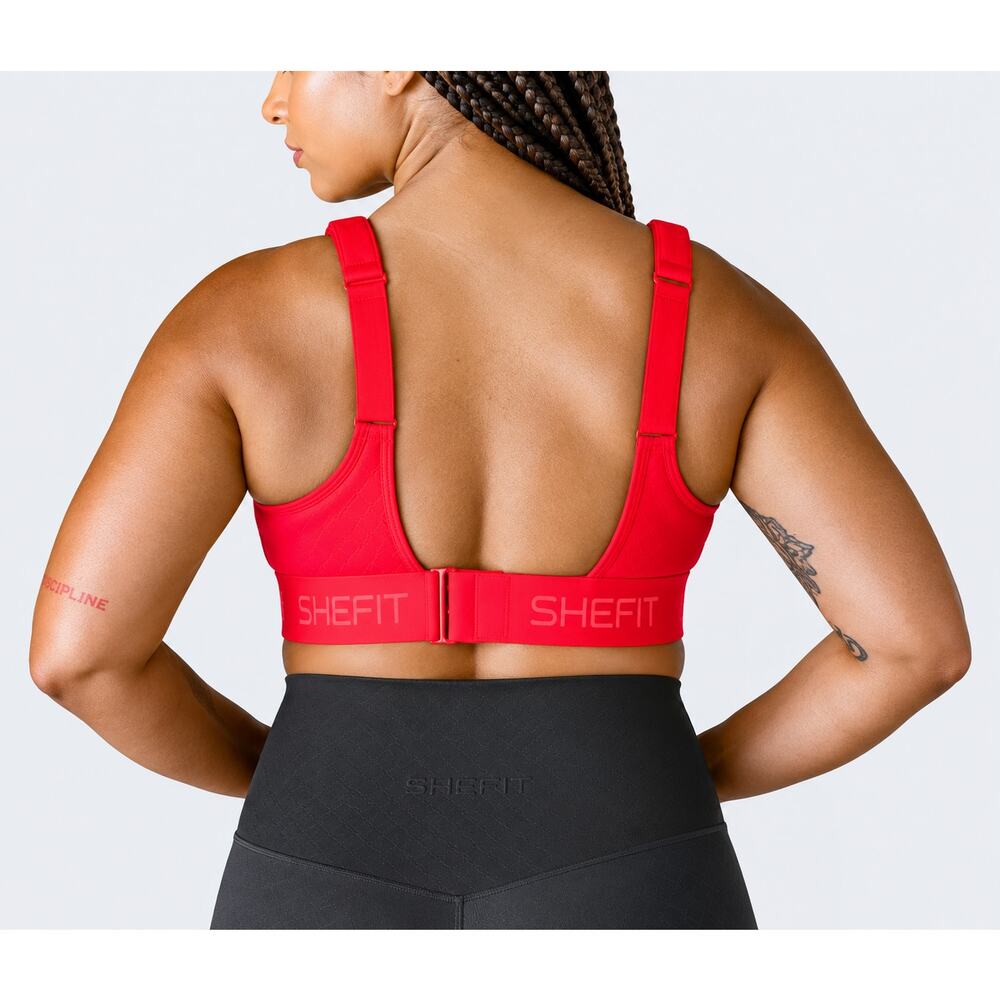 SHEFIT Bright Coral Sports Bra 2Luxe Zip Front Adjustable Straps Cross NWOTBack - Picture 2 of 9